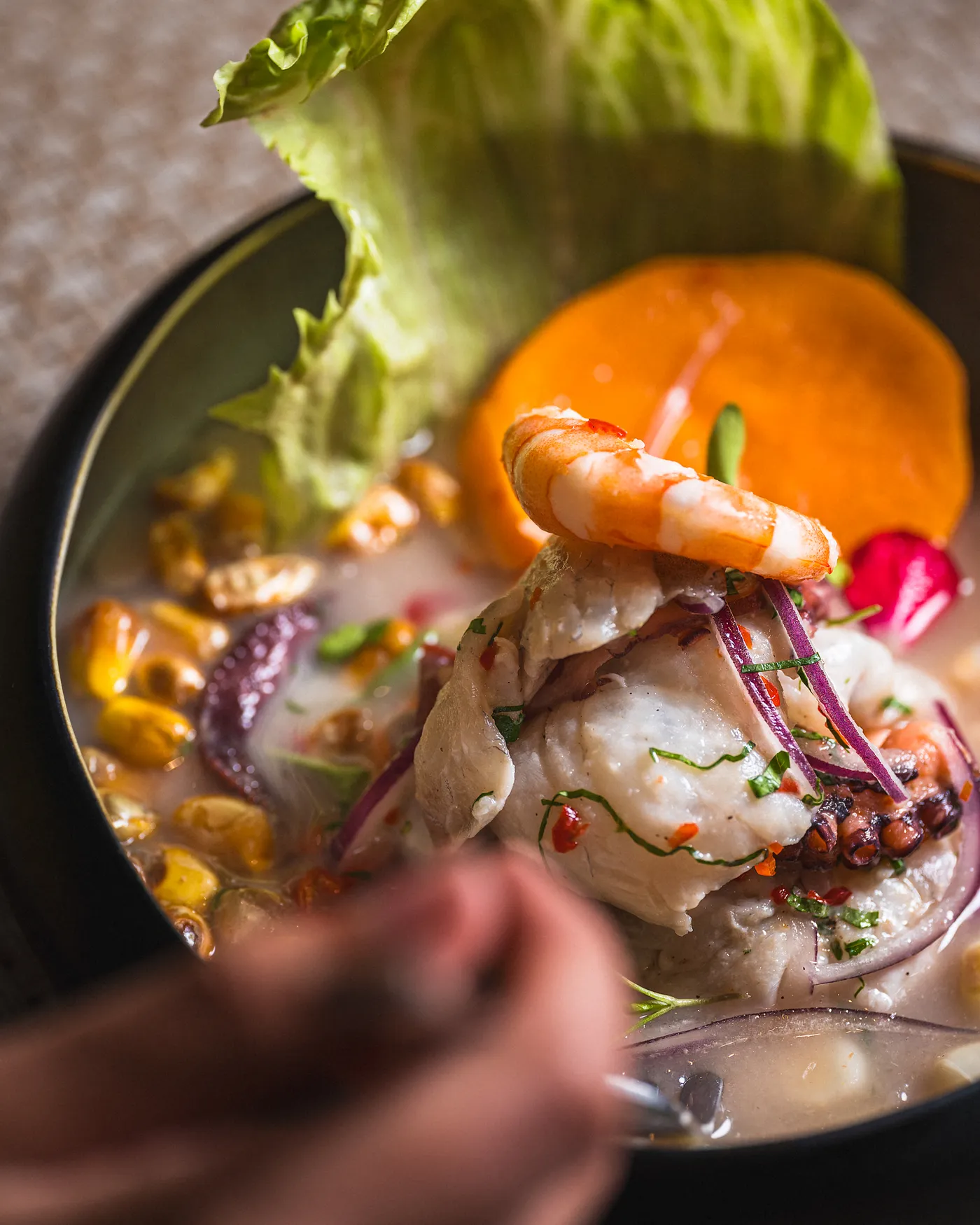 Close-up of sea bass and prawn in Pachamama ceviche, with camote and choclo