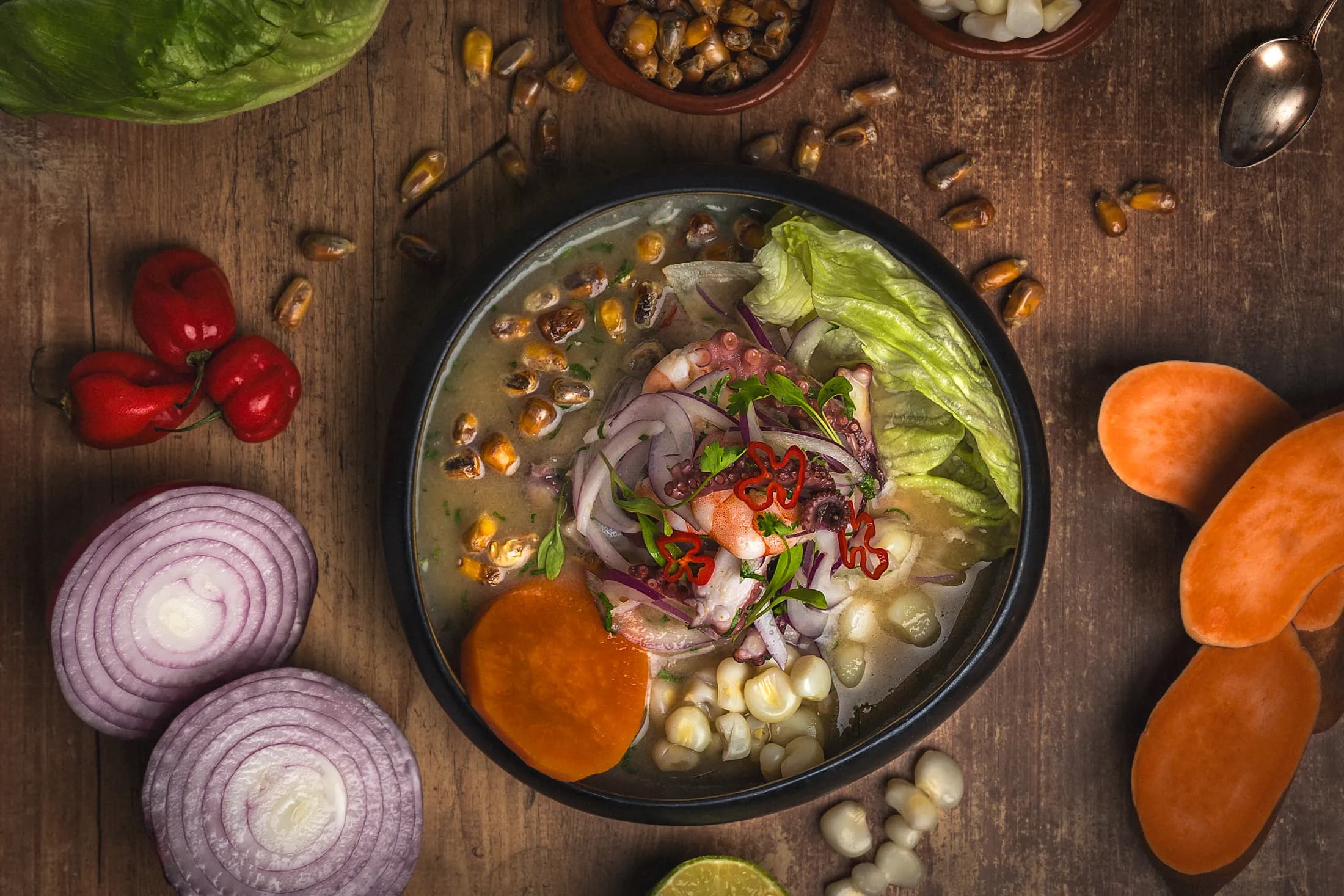 Peruvian ceviche at Pachamama, between Estepona and Marbella, with ají, red onion, camote, choclo and cancha